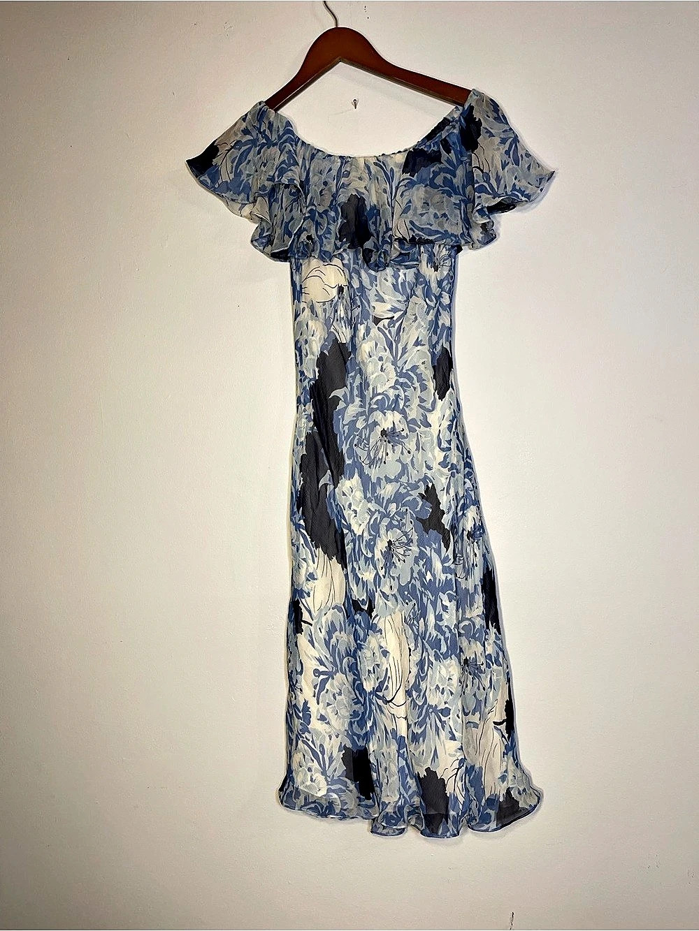 Polo Ralph Lauren Silk Floral Off Shoulder Midi Dress Blue & White Size 2